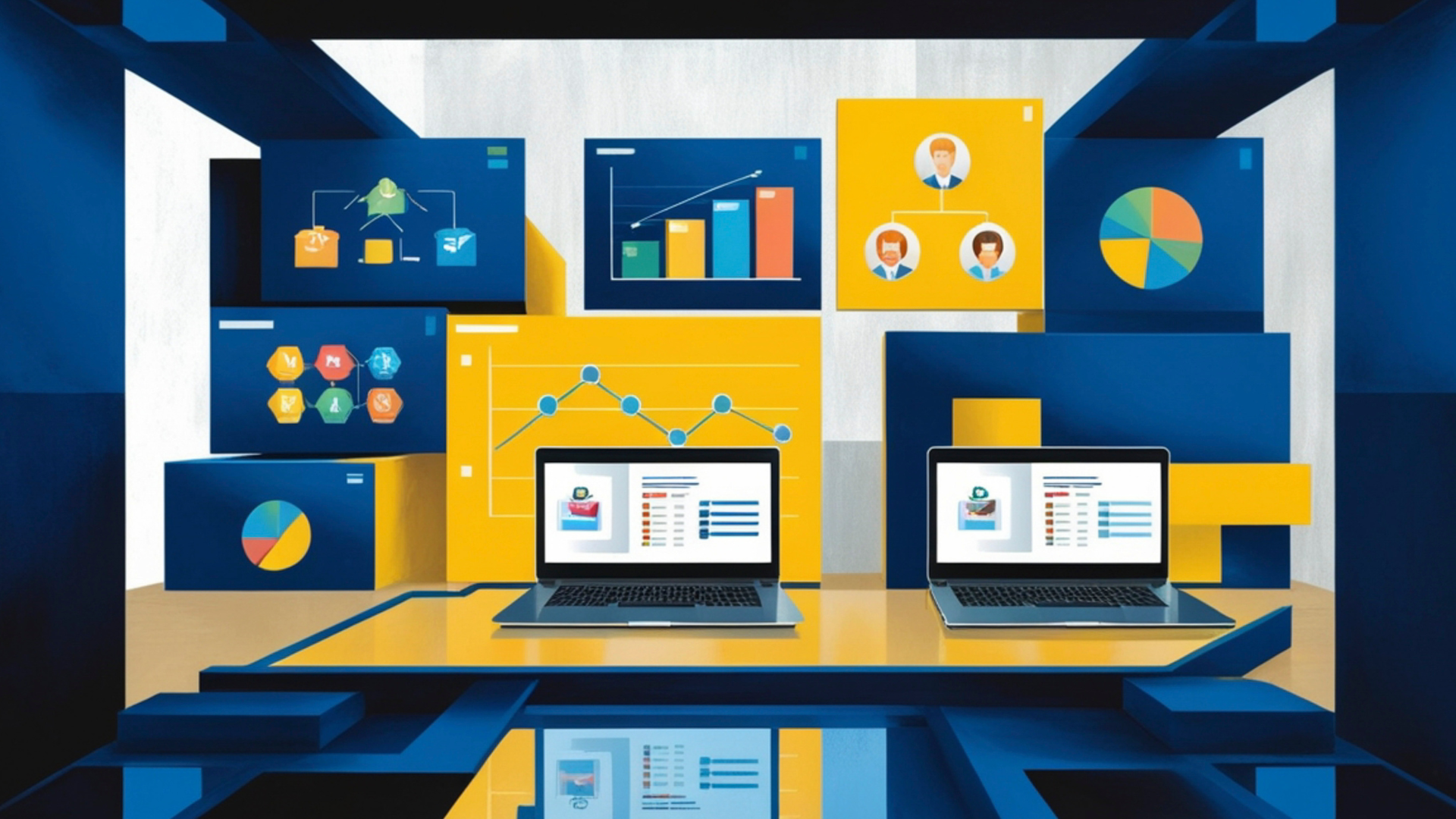 Illustrated dashboards, reports and analytics workstations